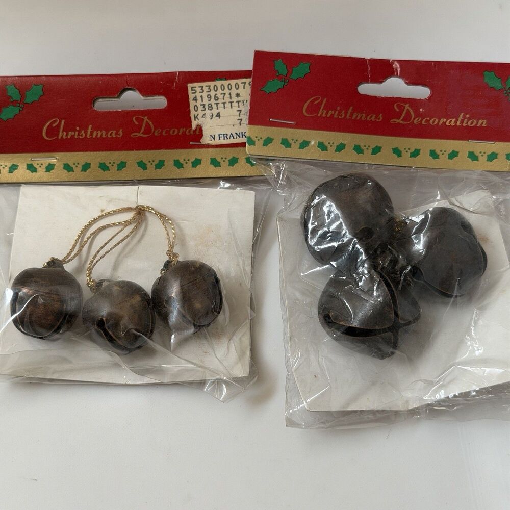 Vintage Ben Franklin Antiqued Bronze Jingle Bells Christmas Ornaments NOS – 6 Pc